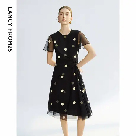 朗姿气质波点裙子高级感设计感2025年夏季新款独特法式黑色连衣裙图片