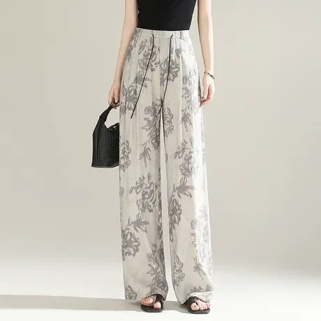 花色休闲裤女2025夏季新款抽绳松紧腰阔腿裤宽松显瘦长裤拖地裤子商品大图