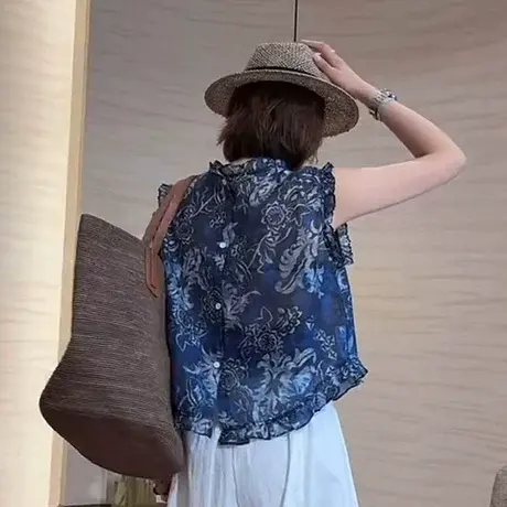 新中式国风碎花无袖衬衫女夏季新青花瓷显瘦木耳边短款背心上衣潮图片