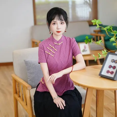 筠雅夏季新款中国风古典唐装上衣女修身显瘦夏日新中式穿搭25J002商品大图