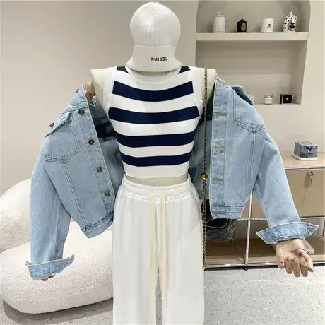 宽松显瘦百搭条纹小背心女2022秋季新款薄款内搭圆领无袖针织上衣图片