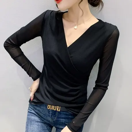 2024春秋新款性感V领长袖T恤小衫修身气质网纱上衣女士显瘦打底衫商品大图