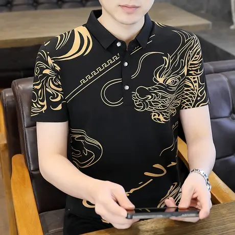 翻领polo衫短袖t恤男士夏季重磅纯棉潮牌复古印花龙年半袖打底衫商品大图