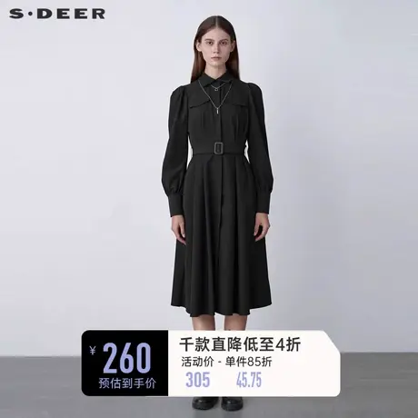 sdeer圣迪奥休闲收腰压褶通勤黑色衬衫连衣裙S22161201📈商品大图