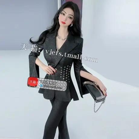 VJE英伦风假两件铆钉西服喇叭裤两件套春季新款黑色西装套装图片