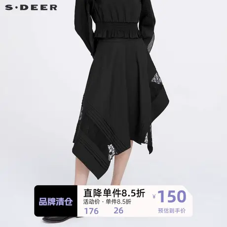 sdeer圣迪奥女装蕾丝拼接压褶A字长裙S221Z1115商品大图