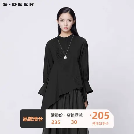 sdeer圣迪奥女装设计感圆领压褶拼接不规则长袖衬衫S21380519📡商品大图