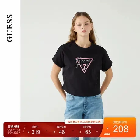 GUESS25年新款春季女士闪亮倒三角烫钻logo短袖T恤-W5PP81K2Q40图片