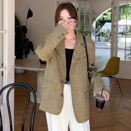 中长款毛呢外套西装女2025春季新款复古炸街气质长袖小西服宽松款商品大图