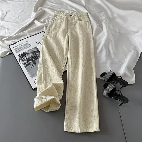 韩国提花高腰牛仔裤女2025春装新款辣妹时髦洋气休闲窄版直筒长裤商品大图