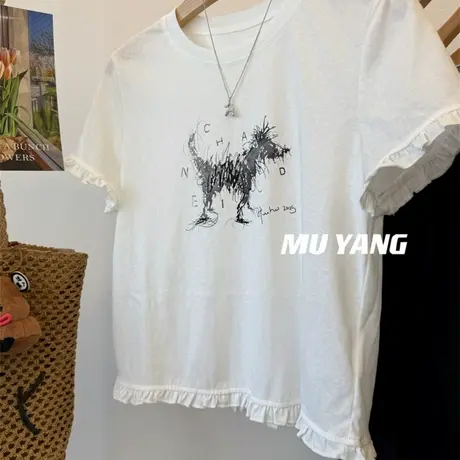 木耳花边~凌乱的小狗tee！圆领雪花棉短袖短款T恤上衣女夏季休闲图片