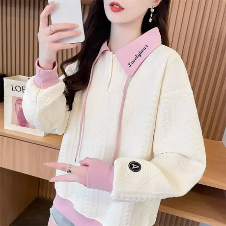 翻领polo衫卫衣女2024新款春秋季韩版宽松薄款大码假两件上衣外套商品大图