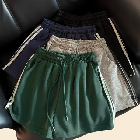 美式复古条纹阔腿休闲短裤女夏季外穿高腰宽松运动跑步热裤ins潮商品大图