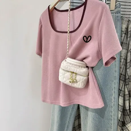 vintage方领正肩短袖T恤女夏季打底衫粉色显瘦别致漂亮上衣ins潮商品大图