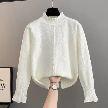 半高领秋冬新款毛衣女花边领长袖上衣法式钉珠气质百搭洋气打底衫商品大图