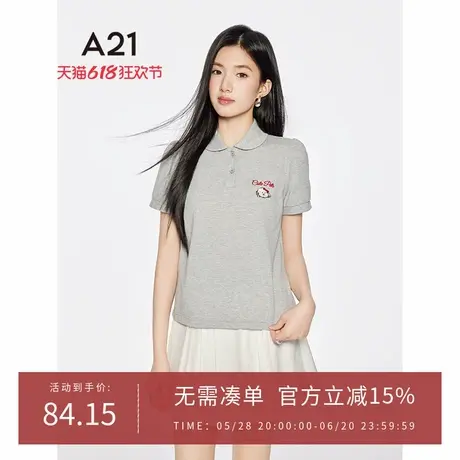 A21女装刺绣字母翻领薄款T恤2025夏季新款简约设计感包袖直筒上衣商品大图