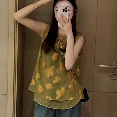 法式复古气质无袖上衣女夏季2025新款设计感小众时尚背心网纱衬衫商品大图