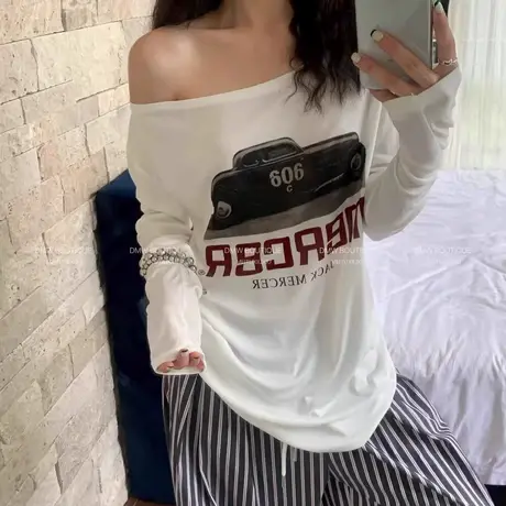 韩国东大门夏季新款洋气美式字母印花斜领露肩宽松长袖防晒T恤女图片