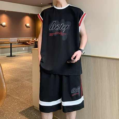 美式坎肩背心短裤套装男夏季新款薄款无袖t恤潮牌休闲运动两件套图片