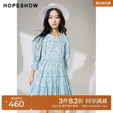 红袖outlets宫廷风连衣裙hopeshow2022夏款印花泡泡袖短裙高级感商品大图