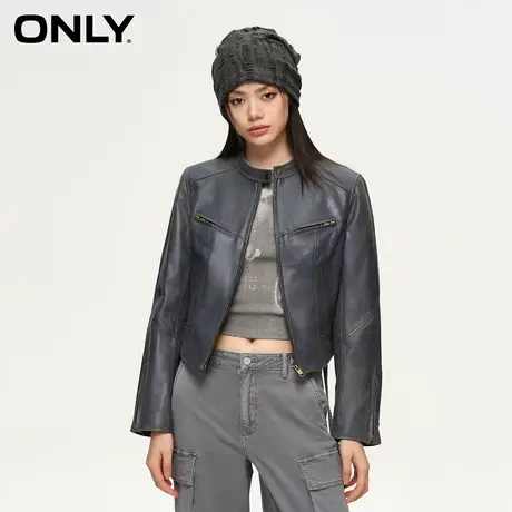 ONLY奥莱潮酷百搭收腰立领修身长袖短款皮衣女图片