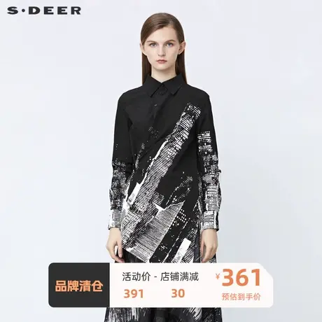 sdeer圣迪奥女装简约翻领字母胶印拼接不规则长袖衬衫S21480510图片