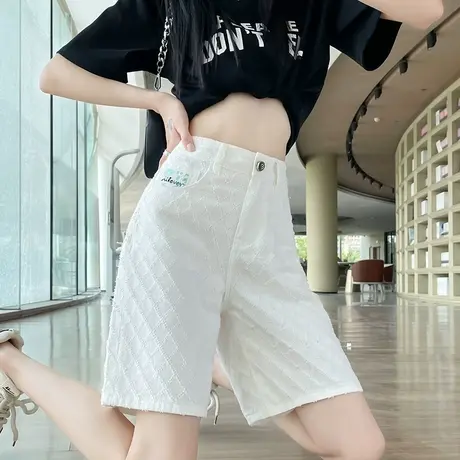白色菱形格子提花牛仔短裤女夏季薄款水洗棉高腰宽松直筒五分中裤商品大图