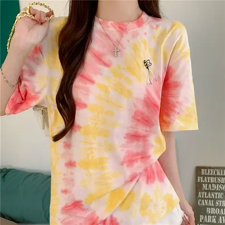 小众扎染短袖t恤女2025新款夏季设计感美式宽松潮牌韩版复古上衣商品大图