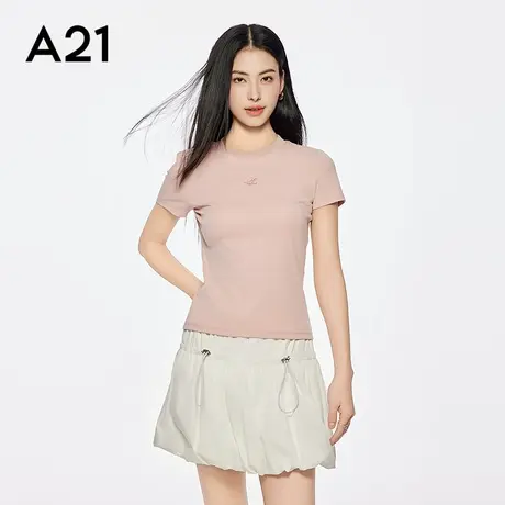 A21女装胭脂红修身显瘦圆领T恤简约休闲纯色短袖上衣性感气质图片