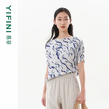 [专柜同款]Yifini/易菲海岛绒印花全件压褶设计感宽松短款小衫女商品大图