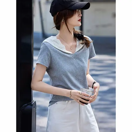 时尚短袖T恤2025年夏季新款女连帽休闲拼接蕾丝简约慵懒纯色上衣图片