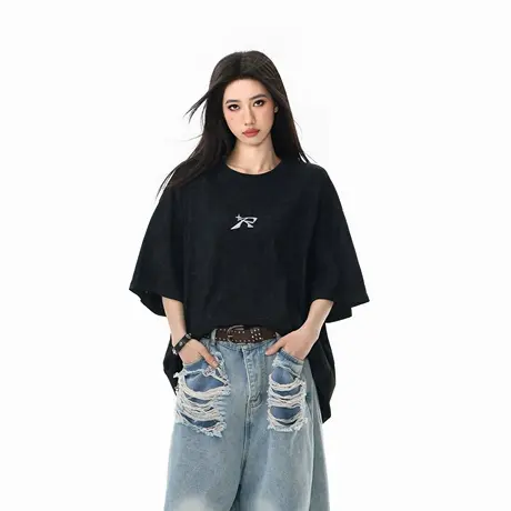 2025新款烧花镂空宽松短袖T恤女复古ins风圆领个性情侣款半袖上衣图片