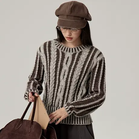 omont蛋挞家 复古杂色绞花圆领套头毛衣秋冬慵懒宽松针织衫商品大图