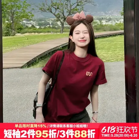 2025蛇年新年款宽松显白酒红色短袖t恤女小众可爱风纯棉半袖上衣图片