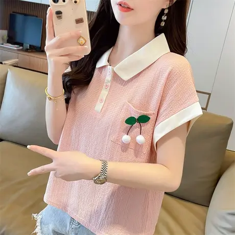 翻领polo衫短袖t恤女2024新款夏季韩版宽松撞色百搭假两件上衣服图片