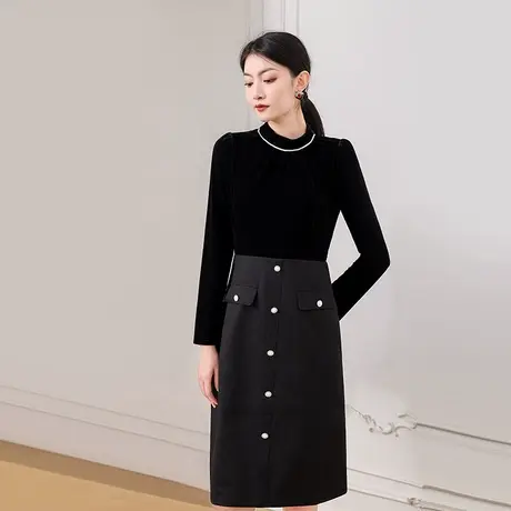 希区瑞普新款时尚气质显瘦镶钻圆领金丝绒拼接打底连衣裙商品大图