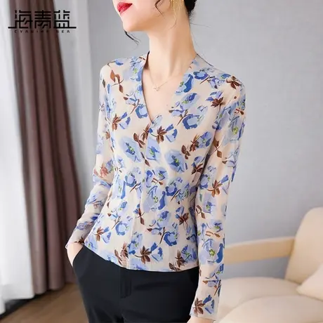 海青蓝设计感印花长袖t恤女2024秋季新款气质v领网纱女人味上衣商品大图