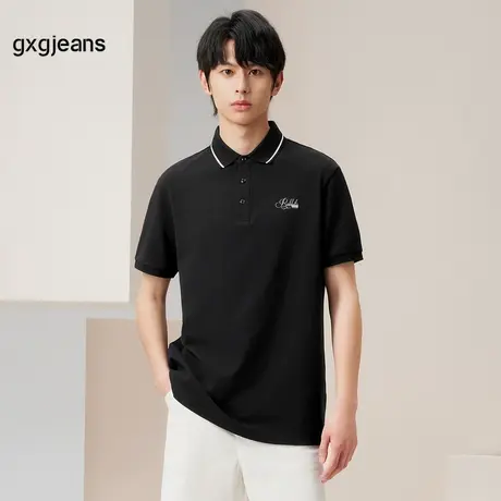 【100%棉】gxgjeans男装2024年夏季新款刺绣黑色翻领撞色POLO衫男图片