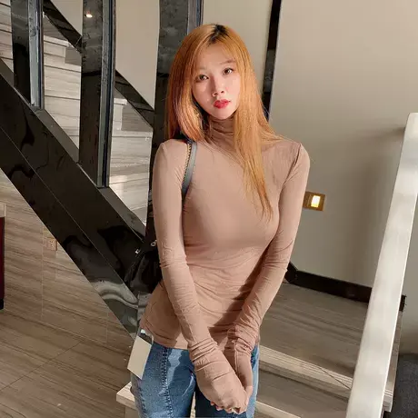 莫代尔高领打底衫2022韩国ins新款气质堆堆领超长袖薄款内搭t恤女商品大图