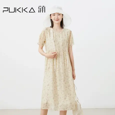 蒲PUKKA 原创设计2023夏季连肩袖新中式印花连衣裙图片