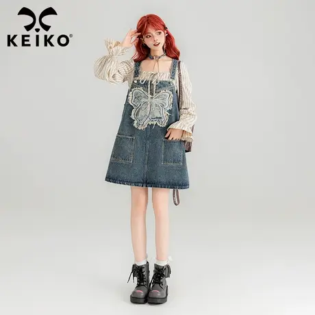 KEIKO 刺绣蝴蝶结饰牛仔背带裙2025夏季洋气减龄A字显瘦连衣裙子商品大图