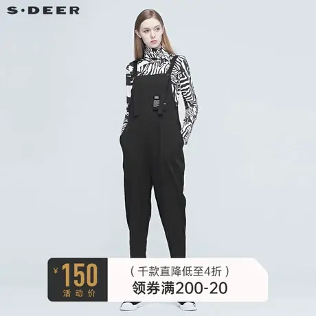 sdeer圣迪奥春秋女装简约印花挖袋宽松黑色直筒背带裤S20380825🎲商品大图