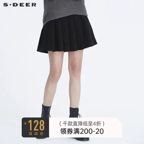 sdeer圣迪奥冬季女装时尚学院风腰带毛呢黑色百褶短裙S20481312商品大图