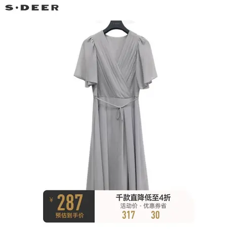 sdeer圣迪奥女装V领压褶收腰雪纺短袖连衣裙S223Z12P7商品大图