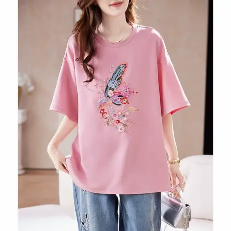 宝诗黎圆领钉珠刺绣短袖T恤2025夏季宽松慵懒百搭休闲大码女装商品大图