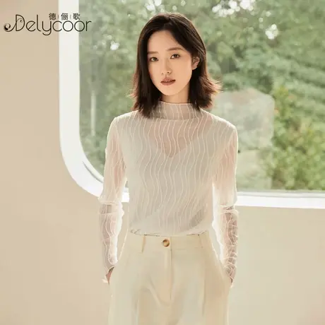 蕾丝打底衫女2025春季新款内搭小衫半高领网纱上衣设计感镂空T恤商品大图