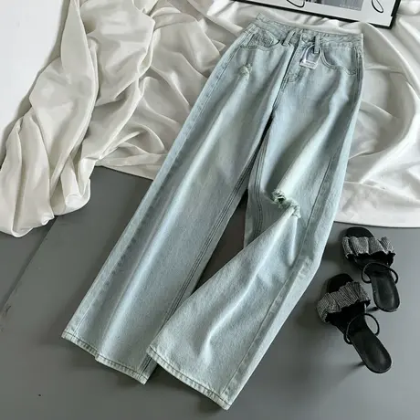 水洗浅色破洞辣妹高腰牛仔裤女韩版春季新款宽松显瘦直筒休闲长裤商品大图