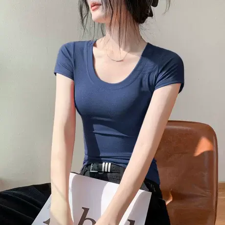 歌倍尚正肩大圆领短袖T恤女2025夏季修身显瘦简约露锁骨百搭上衣图片