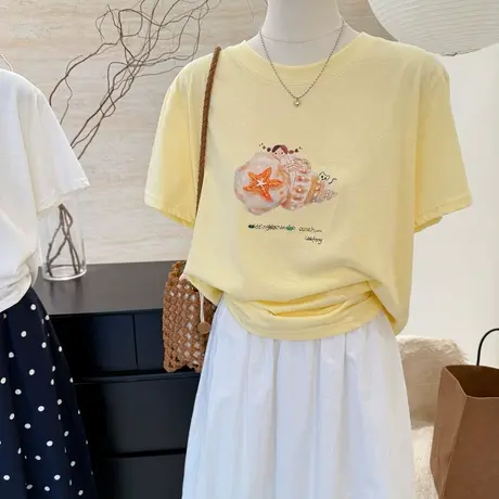 海螺印花韩国薄款雪花棉短袖t恤女小众设计感宽松休闲百搭上衣服商品大图