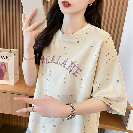 个性破洞短袖t恤女2025新款夏季韩版宽松大码女装设计感小众上衣商品大图